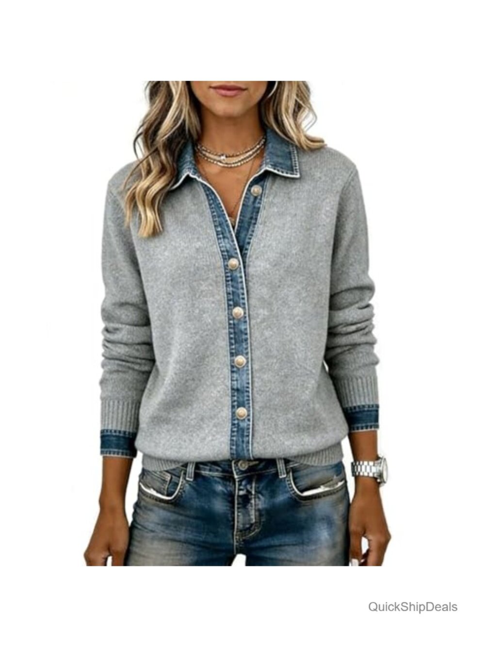 Womens Denim Patchwork Cardigan Cropped Knit Shacket Button Front